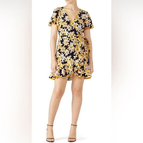 Cinq a Sept Yellow Floral Cameron Wrap Mini Dress V-Neck Women's Size 6 D8 - Picture 1 of 16
